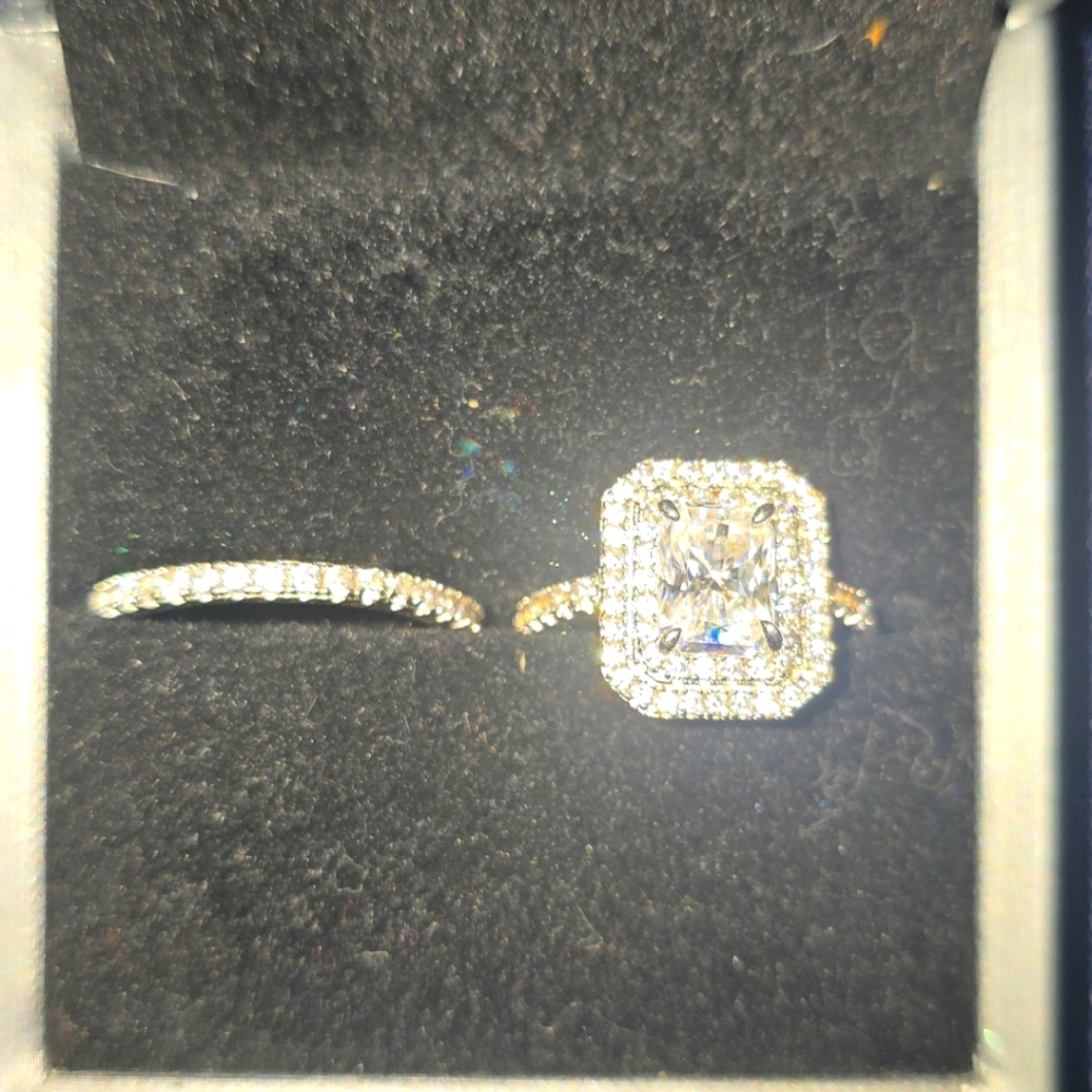 NIB 3 Carat Moissanite Radiant Cut Double Halo 925 SS Ring, Band, & Earrings!